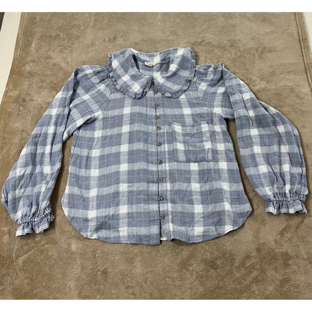 Pilcro Anthropologie Keira Plaid Shirt Women Small Gray Viscose Stretch Blend LS